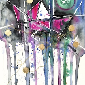 Barco de origami abstrato, pintura em aquarela original, barco de papel, respingos de ouro, barco flutuante, gotejamentos de água, marinho, náutico, decoração colorida costeira