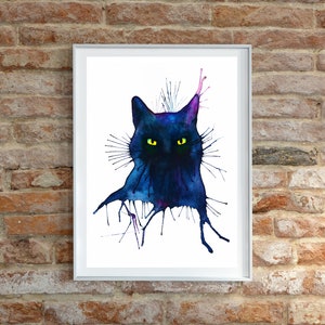 Black Cat Watercolor Splatter Art Print Black Cats Pets Feline Animals Black Cat Lover Abstract Yellow Green Cat Eyes Black Cat Mom Gifts