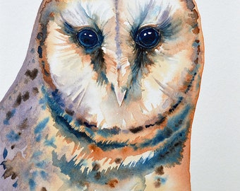 Barn Owl Original Watercolor Painting Owl Art Owls Bird of Prey Birds Wildlife Small Painting Owl Eyes Nature Forest Woods Pastel Colors Art