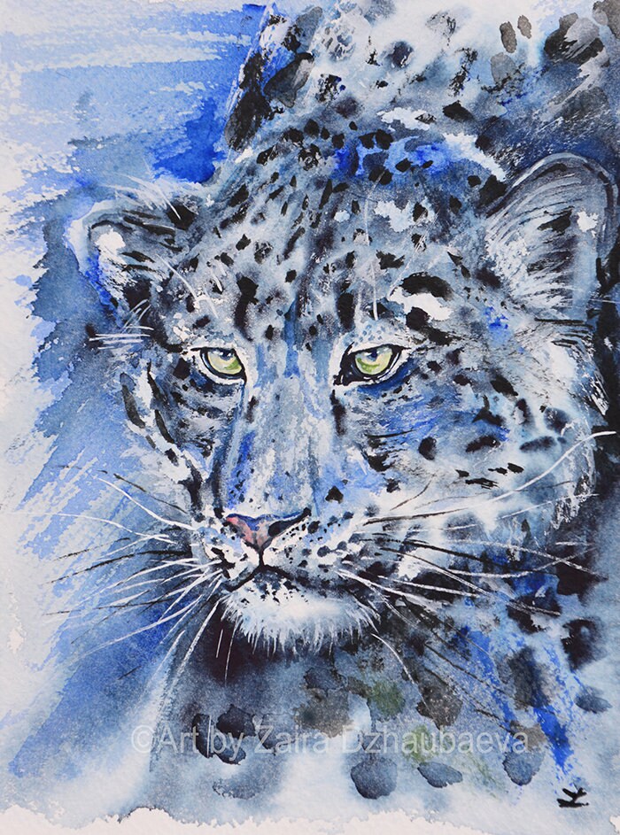 Snow Leopard Original Watercolor Painting Big Cat Eyes Wildlife Wall Art Decor Winter Nature Animals Predator Feline Zoo Mountains Wild Look