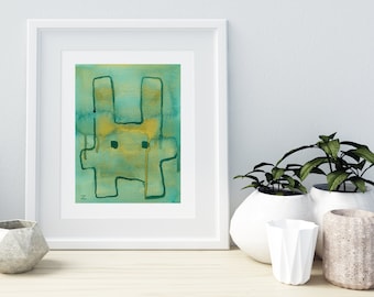 Abstract Green Gold Rabbit Original Watercolor Painting Whimsical Cute Art Gifts Kids Room Colorful Animals Pets Artwork Decor Shiny Unusual
