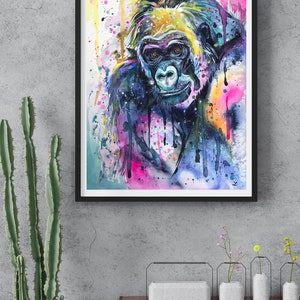 Colorful Gorilla Wall Art Print Wildlife Animals Watercolor Painting Gorillas Ape Colorful Animals Gorilla Portrait Africa Bold Colors Art 画像 2