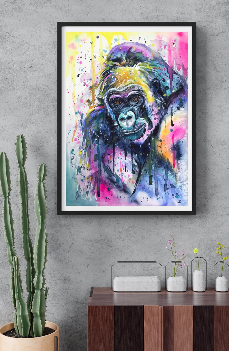 Colorful Gorilla Wall Art Print Wildlife Animals Watercolor Painting Gorillas Ape Colorful Animals Gorilla Portrait Africa Bold Colors Art 画像 2