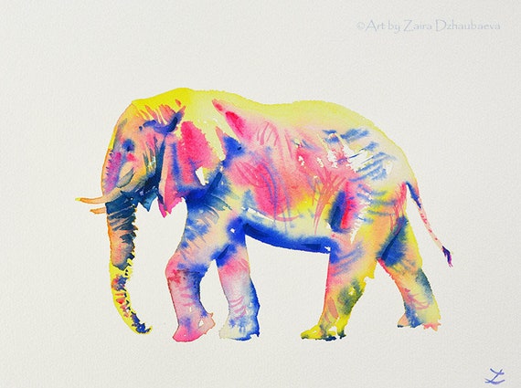 カラフルな象のオリジナル水彩画 レインボー象 風水 野生動物
