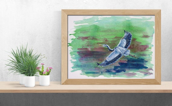 オオアオサギの飛行 オリジナル水彩画 サギ 壁アート 鳥 灰色の