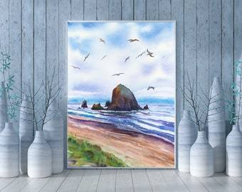 May include: Watercolor painting of Haystack Rock, a large sea stack off the coast of Oregon, with a blue sky and seagulls flying overhead.