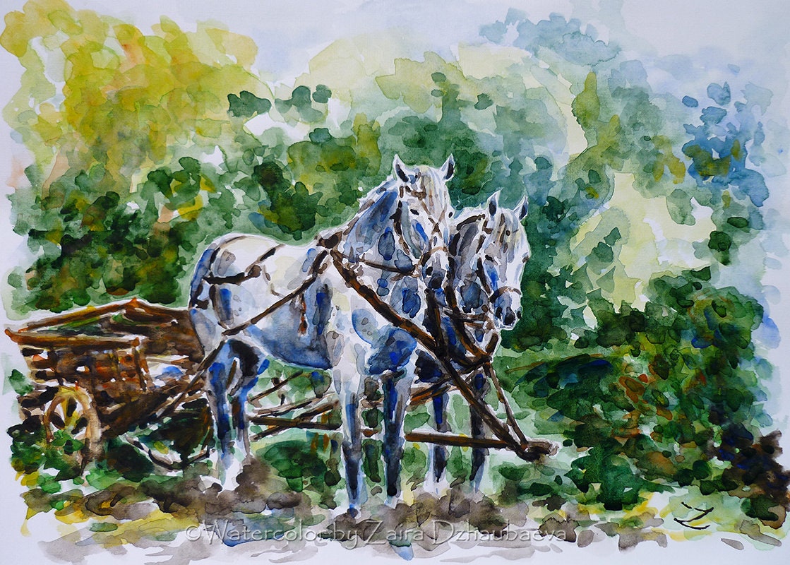 白い馬具をつけた馬のオリジナル水彩画 馬車 乗馬アート 農場 牧場