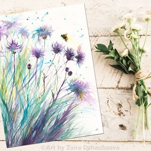 Bee and Thistle Original Watercolor Painting Floral Wall Art Wildflowers Bees Nature Botanical Garden Plants Bumblebee Meadow Summer Green