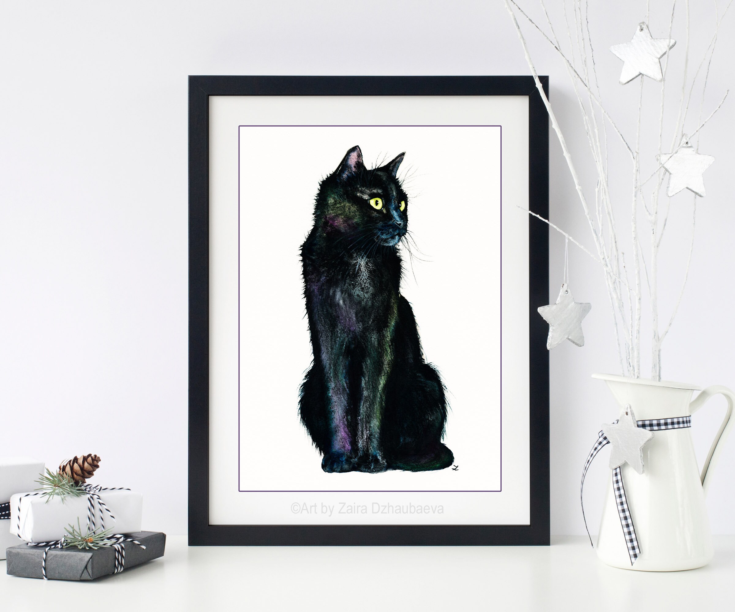 黒猫の壁アートプリント ハロウィン猫の色合い 黒猫の肖像画 座って