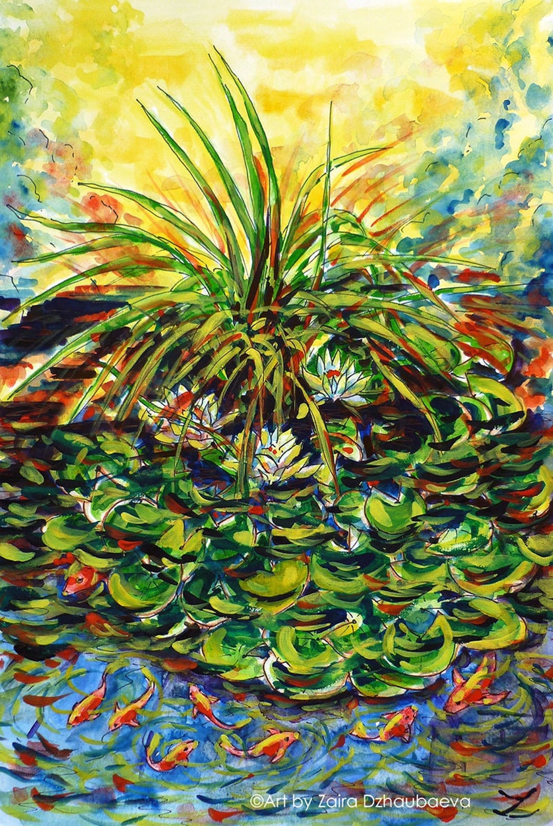 Koi Pond Fish Water Lily Pond Water Lilies Original Watercolor Painting ...