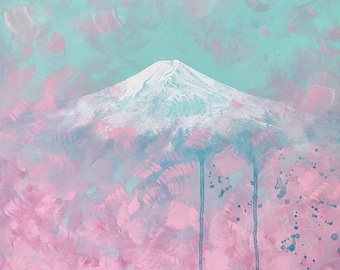 Mount Fuji in Spring Original Mixed Media Painting Canvas Mountain Japan Cherry Blossom Wall Art Sakura Petals Snow Peaks Volcano Fujisan