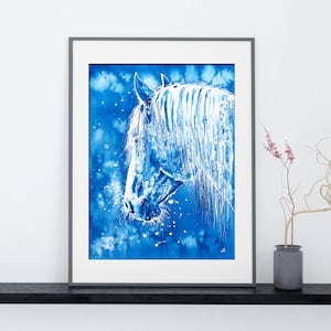 White horse on blue Wall Art print Horses Equestrian painting Mustang Long mane Barn Ranch Farm animals Country style home decor Cowboy art