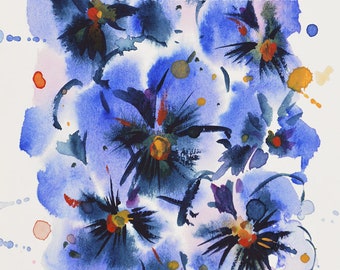 Blue Purple Garden Pansies - 4.5 x 6.8" - Original Small Floral Watercolor Painting