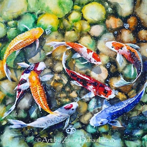 Koi Fish Pond Art Print Koi Watercolor Painting Lucky Good Feng Shui Fish Symbolic Japanese Koi Carps Colorful Eight Koi Fish Bubbles Water