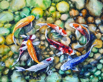 Koi Fish Pond Art Print Koi Watercolor Painting Lucky Good Feng Shui Fish Symbolic Japanese Koi Carps Colorful Eight Koi Fish Bubbles Water