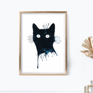Black Cat Watercolor Splatter Kitten Art Print Cats Feline Portrait Cat Painting Le Chat Noir Witchy Art Gothic Spooky Black Cat Lover Gift