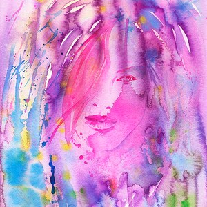 ロマンチックな女性オリジナル水彩画肖像画女性の肖像画壁アートピンクパープルブルー女の子ロングヘア愛顔目美しさバレンタインデー