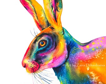 Colorful Hare Rabbit Bunny Wall Art Print Nursery Kids Room Bunny