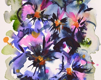 Blue Purple Pink Garden Pansies - 4.5 x 6.8" - Original Small Floral Watercolor Painting