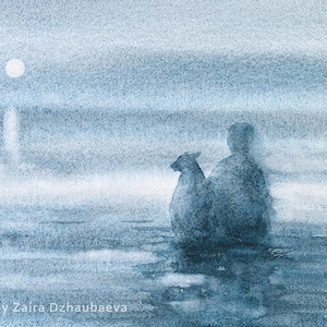 Dog and Owner on Misty Beach Wall Art Print Dogs on Beach Dog Mom Dad Parents Gift Ocean Seascape Watercolor Painting Coastal Home Art Decor