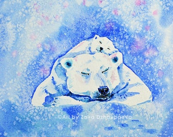 Oso Polar Familia Pared Arte Estampado Madre Oso y Niño Bebé Cachorro Osos Durmientes Invierno Nieve Navidad Ártico Acuarela Blanca Decoración de guardería