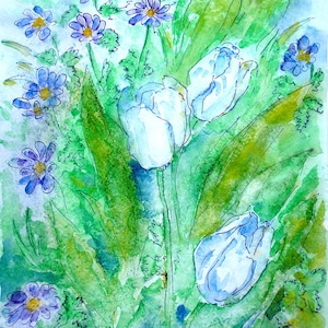 White Tulips and Wildflowers Original Watercolor Painting Tulip Blue Flowers Floral Flower Art Delicate Spring Flowers Green Leaves Nature
