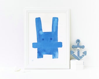 Abstract Blue Rabbit Original Watercolor Painting Whimsical Cute Kids Room Wall Art Decor Colorful Animals Pets Art Gifts Lucky Bunny Gift