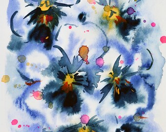 Blue Garden Pansies - 4.5 x 6.8" - Original Small Floral Watercolor Painting