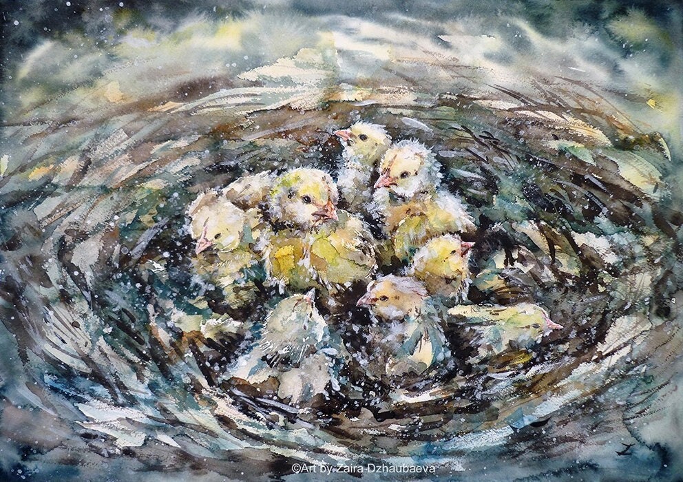 生まれたてのひよこの絵 オリジナル水彩画 鶏の巣 雌鶏 雄鶏 農場の鳥