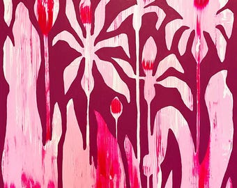 May include: Abstract painting of pink and white flowers on a burgundy background. The flowers are stylized and have a graphic quality. The painting is done in a bold and expressive style.