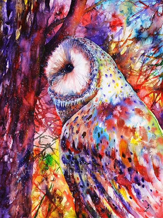Colorful Barn Owl on Tree Art Print Bird of Prey Owls Watercolor Painting Branches Birds Wildlife Wo