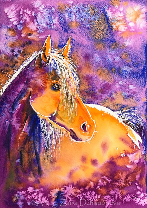 カラフルなオレンジパープルの馬の壁アートプリント サニーメア 水彩画