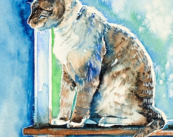 窓の上の猫 5 x 7 アートプリント リンクスポイント シャム猫 水彩画