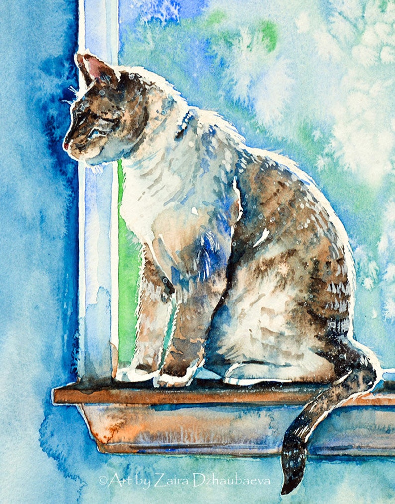 Cat on the Window 5 X 7 Art Print Lynx Point Siamese Feline Watercolor ...