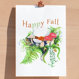 Happy Fall 5 x 7 « Cartes plates Ensemble de 3 cartes Automne Thanksgiving Champignons Automne Feuilles Fern Nature Woods Champignons rouges Mouche Agaric Forest Art