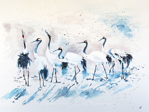 雪の中のタンチョウ オリジナル水彩画 タンチョウヅル タンチョウ 雪の