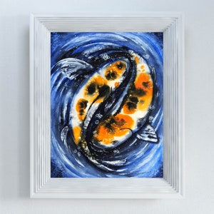 Feng Shui Koi Fish Wall Art Print Watercolor Orange and Blue Calico Koi Fish Painting Two Carps Pond Harmony Good Feng Shui Love Decor Gifts