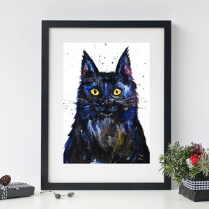 Black Cat with Yellow Eyes Art Print Cats Feline Portrait Watercolor Black Cat Painting Le Chat Noir Witchy Decor Spooky Cat Lover Halloween