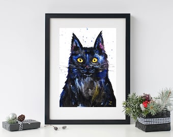 Black Cat with Yellow Eyes Art Print Cats Feline Portrait Watercolor Black Cat Painting Le Chat Noir Witchy Decor Spooky Cat Lover Halloween