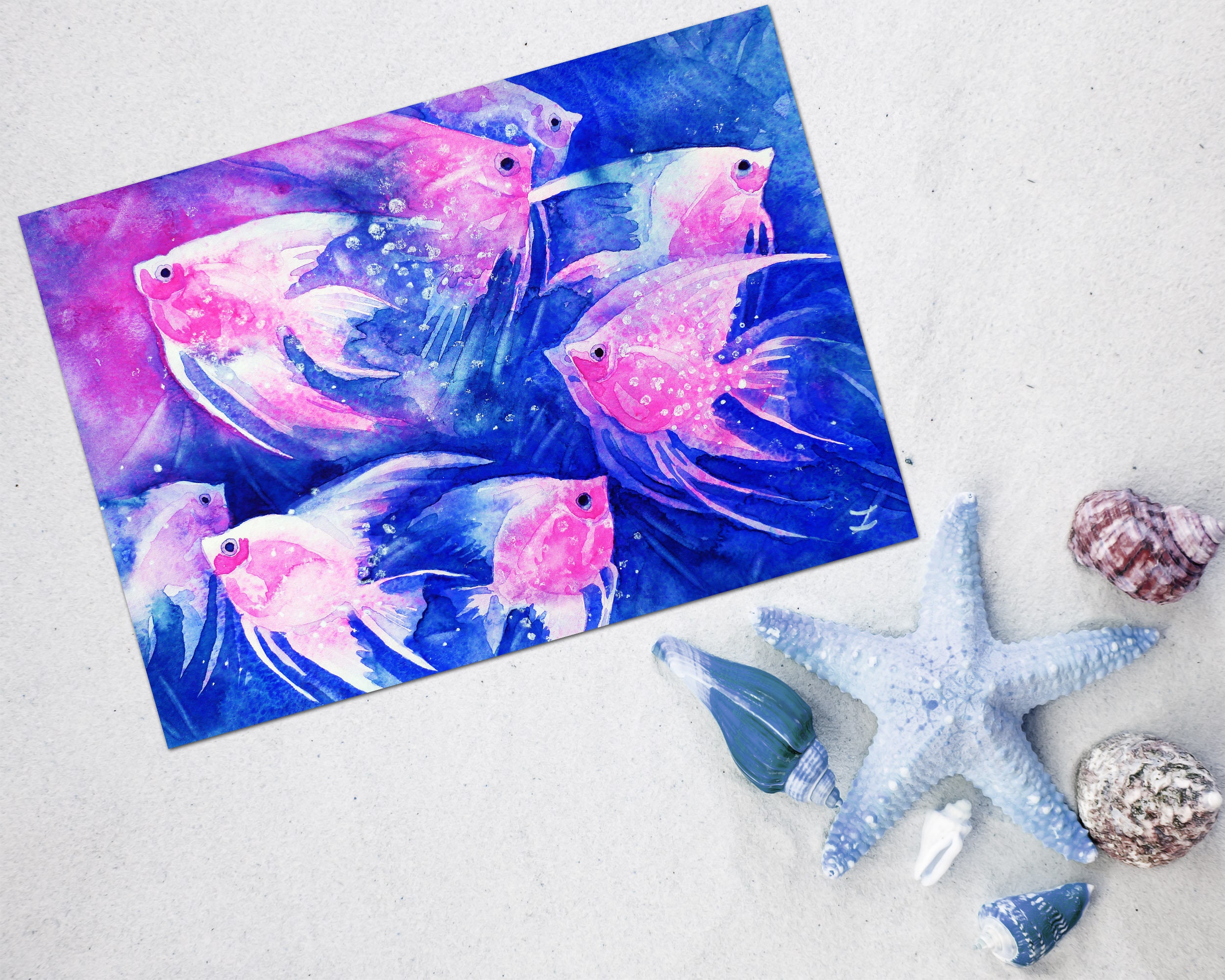 ピンク蛍光エンゼルフィッシュ 7 x 5インチ アートプリント 光るプテロ