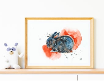 Sleepy Bunny Art Print Rabbit Watercolor Painting Wildlife Pets Red and Grey Animal Colorful Rabbit Woodland Nursery Decor Illustration Kids