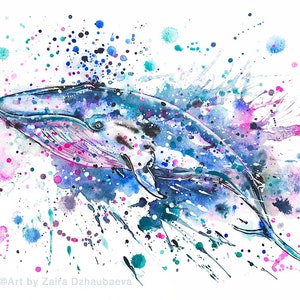 Blue Whale 11 x 8.5&quot; Wall Art Print Colorful Whale Splatter Whale Watercolor Whale Marine Animals Kids Room Nursery Boat Yacht Costal Decor