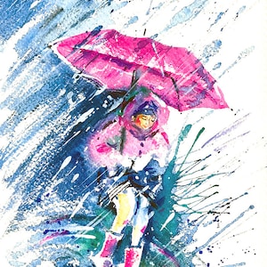 Menina com guarda-chuva rosa na chuva original pintura em aquarela dia chuvoso chovendo guarda-chuvas casaco criança crianças quarto arte