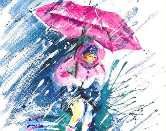 Little Girl with Pink Umbrella in the Rain Original Watercolor Painting Rainy Day Raining Umbrellas Kid Coat Child Children Kids Room Art