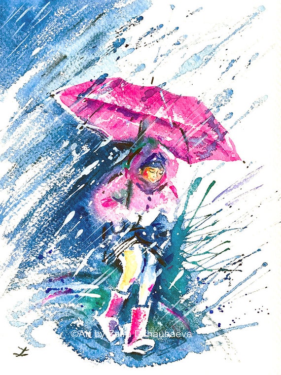 雨の中でピンクの傘をさす少女 オリジナル水彩画 雨の日 雨が降る傘