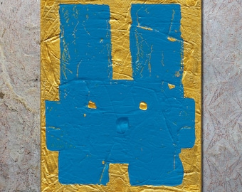 Abstract Blue and Gold Rabbit Original Painting on Canvas Lucky Bunny Minimalist Simple Kids Room Animal Pets Wall Art Decor Cute Whimsical