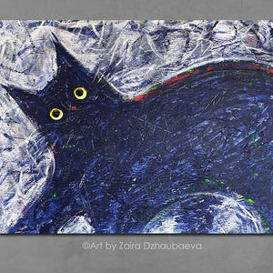 黒猫の絵画、猫アート、猫好きへのギフト、黒の抽象アート