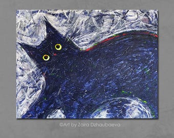 黒猫の絵画、猫アート、猫好きへのギフト、黒の抽象画、キャンバスに