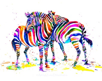 Colorful Rainbow Zebras Art Print Zebra Watercolor Painting Africa African Animals Wildlife Stripes Zoo Nature Zebra Wall Art Bold Colors