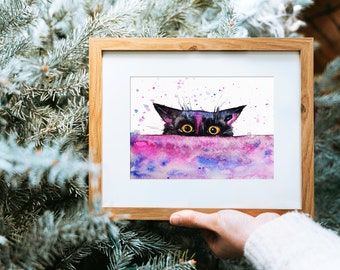 Cute Curious Black Cat Art Print Black Cats Feline Portrait Watercolor Cat Painting Le Chat Noir Witchy Decor Spooky Black Cat Lover Gifts